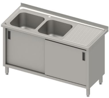 Stół ze zlewem 2-kom.(L),drzwi suwane 1400x600x850 mm, blat tłoczony