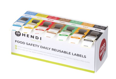 Zestaw etykiet wielorazowych Food Safety na każdy dzień tygodnia z podajnikiem, HENDI, 240x80x(H)100mm Hendi