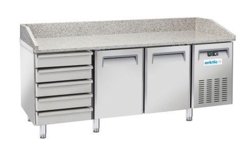 Stół chłodniczy do pizzy 2-drzwiowy z 5 szufladami i blatem granitowym, Arktic, 362L, srebrny, 230V/210W, 2025x800x(H)1040mm